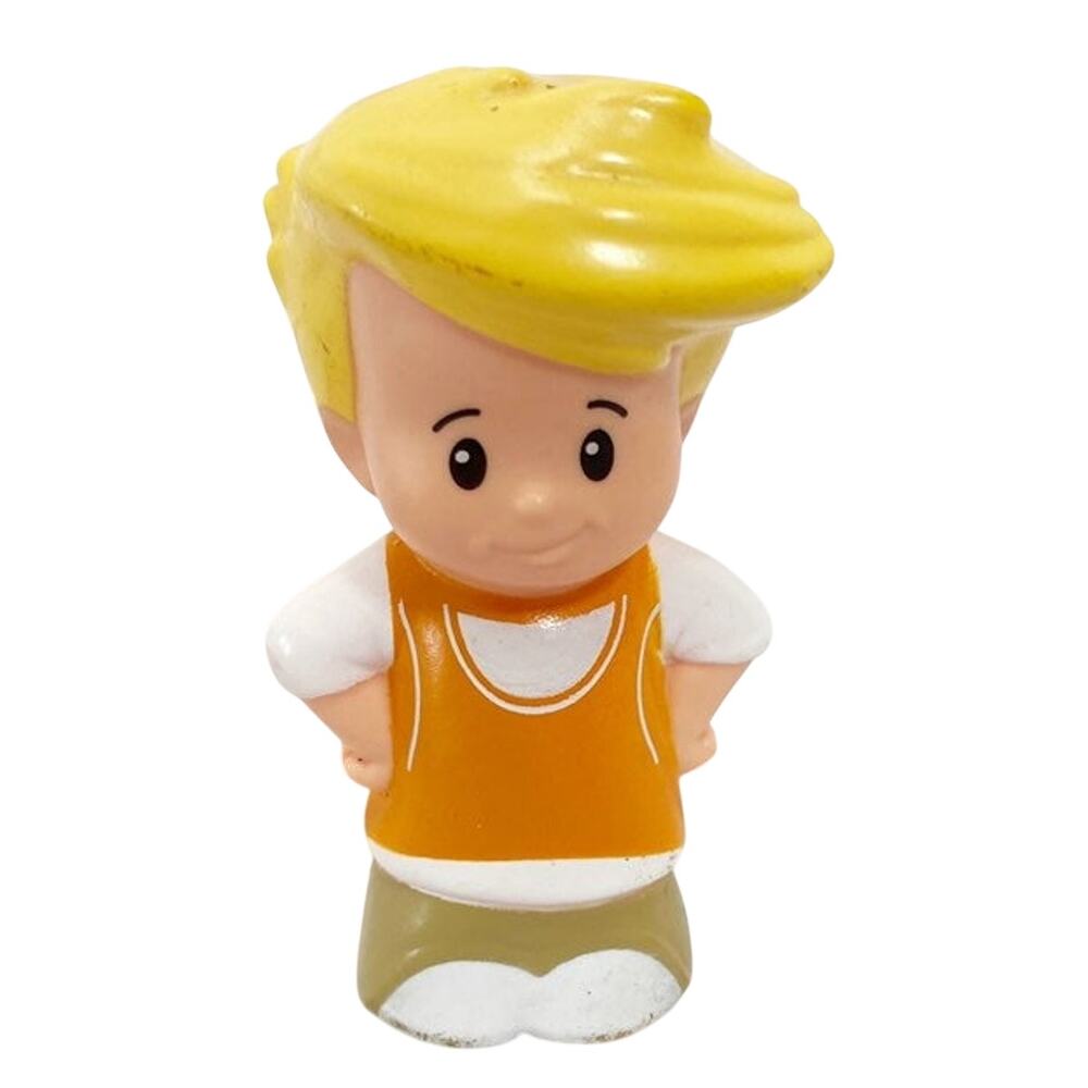 FISHER-PRICE LITTLE PEOPLE Blonde Boy Orange Vest White Sleeves Figure Toy